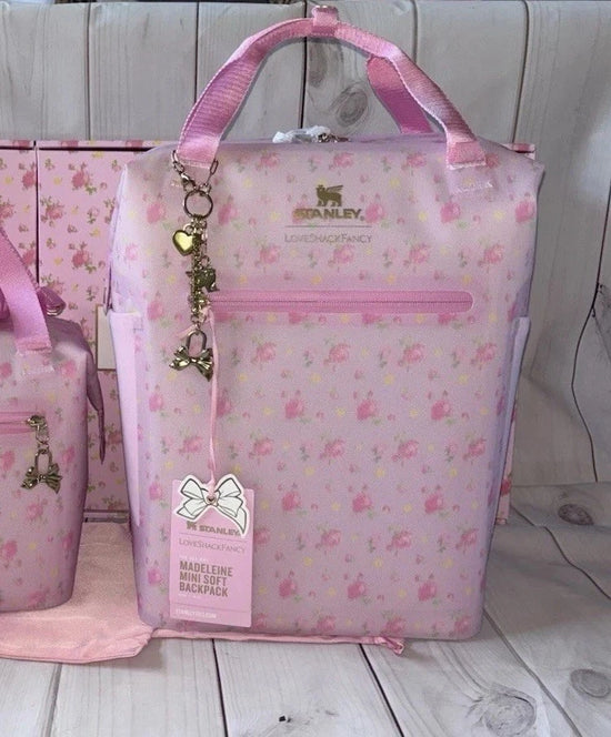 **Stanley x LoveShackFancy Madeline Mini Soft Backpack Pink Floral Print with Adjustable Straps, Front Zipper Pocket & Gold-Tone Heart Bow Charms**